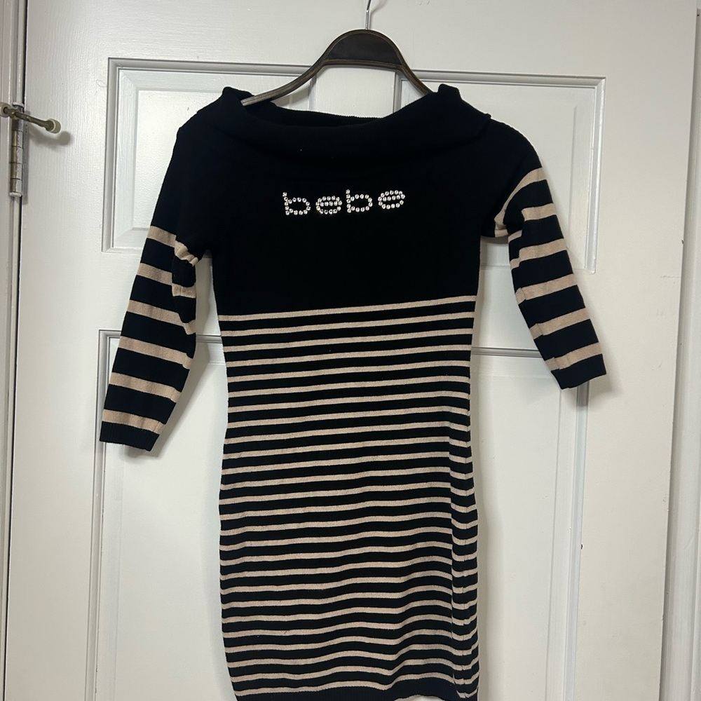 bebe Black and Cream Striped Mini Dress with Embellished Logo